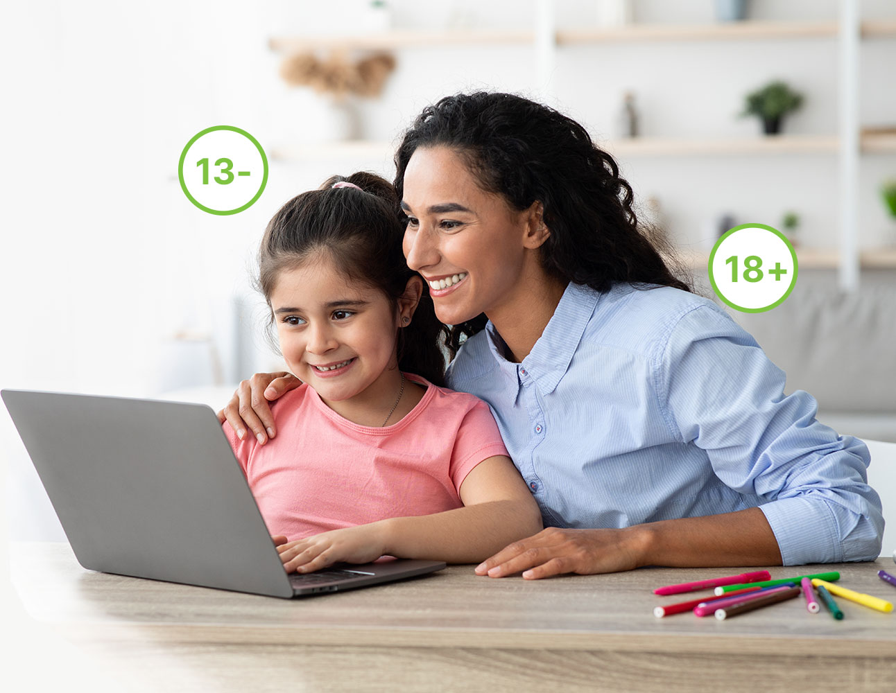 Mother and child looking at a computer to confirm accurate age verification